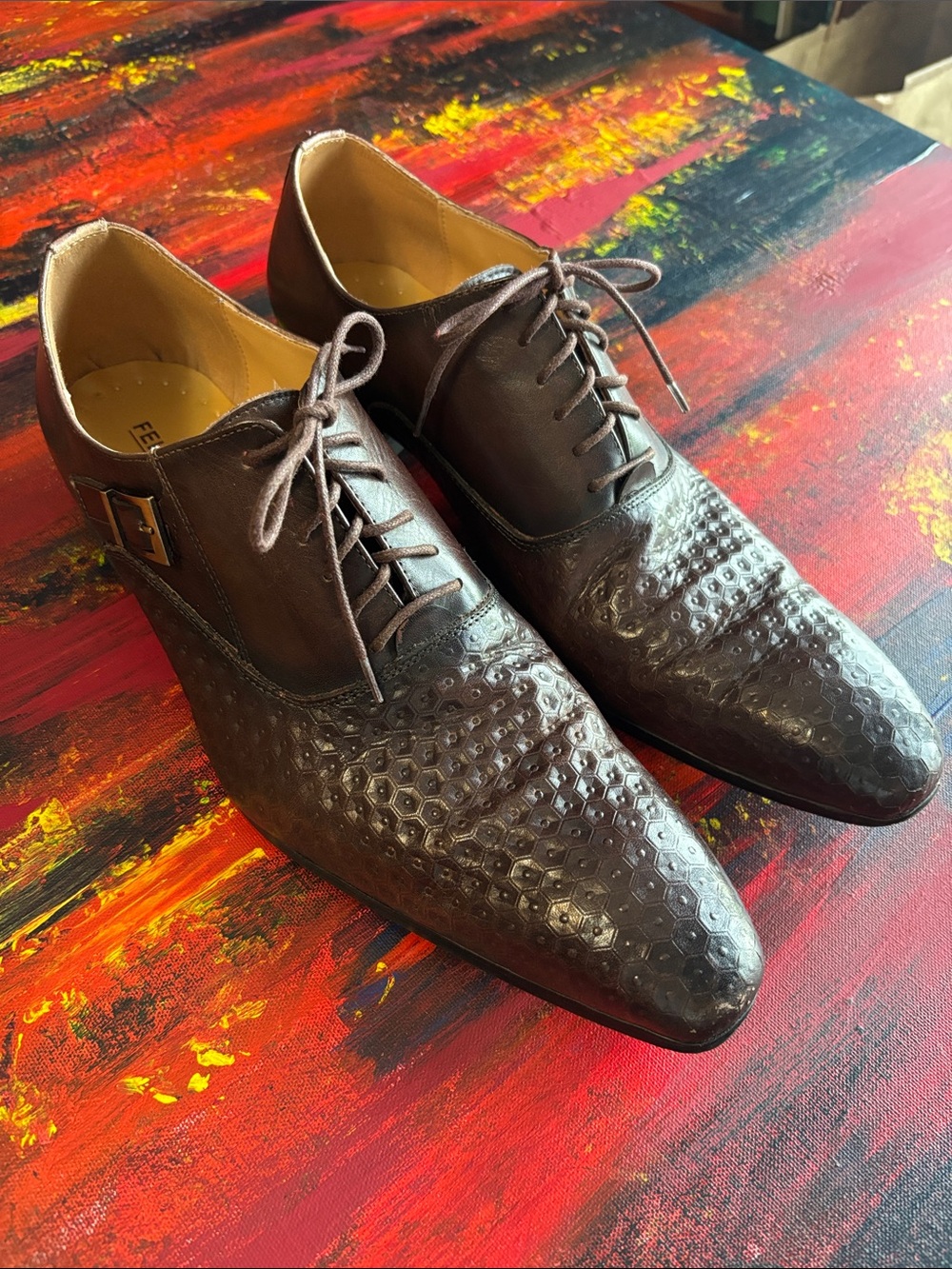 Felix Chu Men's Brown Leather Lace-Up Geometric Hexagon Embossed Oxfords F87-76